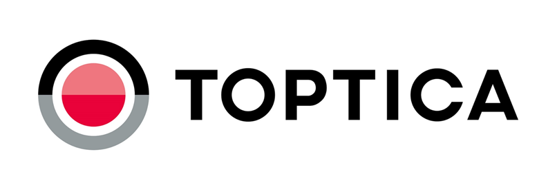 Toptica logo which comprises a black, white and red layered circle and the typed name